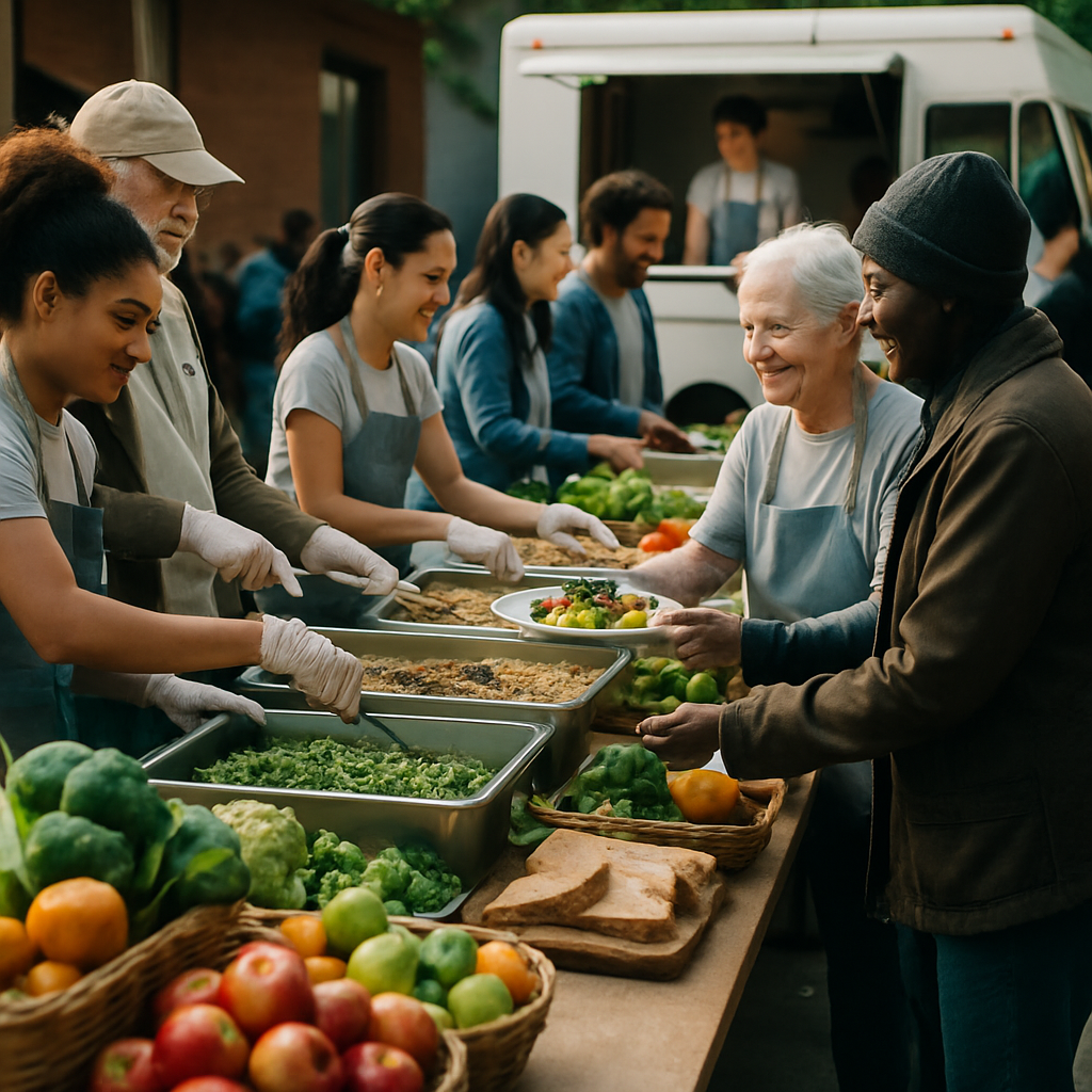 Volunteers preparing meals at a nonprofit kitchen